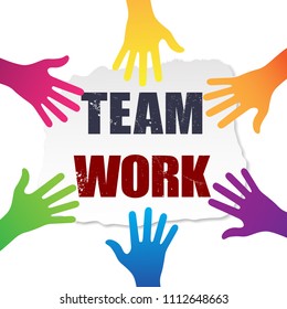 Teamwork top view hands isolated on white background. Teamwork hands showing paper banner. For web site, marketing, app, logo and promotion materials. Creative business concept, vector illustration