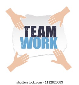 Teamwork top view hands isolated on white background. Teamwork hands showing paper banner. For web site, marketing, app, logo and promotion materials. Creative business concept, vector illustration