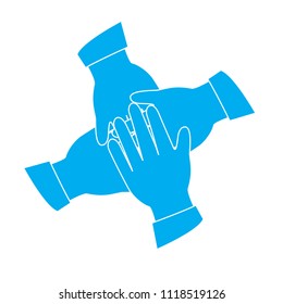 Teamwork top view hands isolated on white background. Teamwork hands for web site, marketing, app, logo and promotion materials. Creative business concept, vector illustration, eps 10