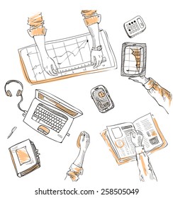 Teamwork, top view people hands sketch hand drawn doodle office workplace with business objects and items lying on a desk laptop, digital tablet, mobile phone.