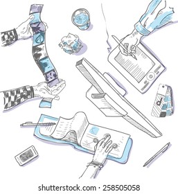 Teamwork, top view people hands sketch hand drawn doodle office workplace with business objects and items lying on a desk laptop, digital tablet, mobile phone.