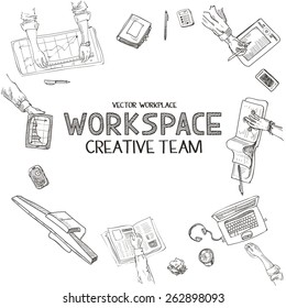 Teamwork, Top View People Hands Sketch Hand Drawn Doodle Office Workplace With Business Objects And Items Lying On A Desk Laptop, Digital Tablet, Mobile Phone.