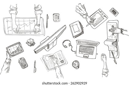 Teamwork, top view people hands sketch hand drawn doodle office workplace with business objects and items lying on a desk laptop, digital tablet, mobile phone.