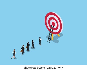 Teamwork Towards Achieving Goals with Target and Ladder 3d isometric vector illustration
