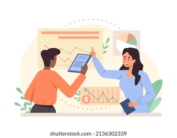 Teamwork and training concept. Young male and female entrepreneurs analyze economic statistics, and develop plan to promote company. Business education. Cartoon modern flat vector illustration