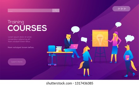 Teamwork, training, improving professional skill, class recording access concept. Website landing web page violet background. Students watching recorded lecture with professor talking from tablet.