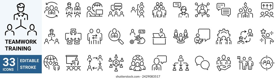 Teamwork training line icons related team, co-workers, cooperation. Linear busines simple symbol collection. vector illustration. Editable stroke