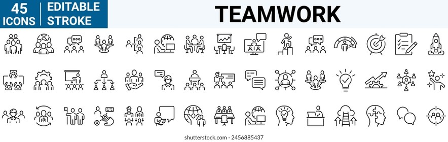 Teamwork Training Line Icons verwandtes Team, Mitarbeiter, Kooperation. Linear Business Simple Symbol Kollektion. Vektorillustration. Bearbeitbarer Strich