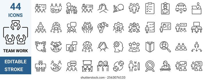 Teamwork training line icons related team, co-workers, cooperation. Linear busines simple symbol collection. vector illustration. Editable stroke