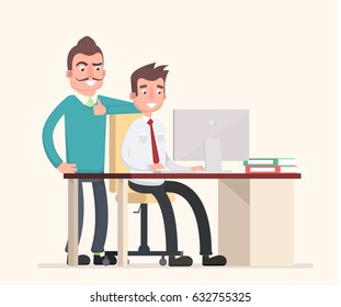 Teamwork, two employees make one project. Vector illustration in a flat style