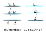 Teamwork of two kayakers paddling double kayak in competition race vector illustration isolated. Sport man crew in kayak boat racing. Weekend team building on river. Sport canoe duo rowing in sprint. 