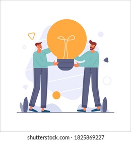Trabajo en equipo, dos hombres portando una enorme bombilla, personal aportando ideas y trabajando juntos en la ilustración vectorial para el sitio web