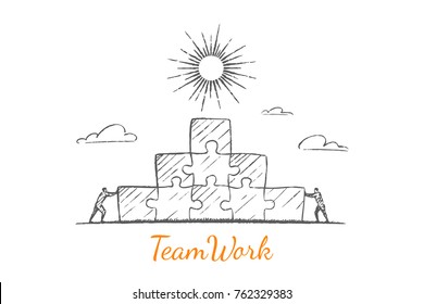 Teamwork. Two men in nature collect puzzles in the form of a pyramid, sunny day. Vector illustration, business concept, hand drawn sketch.