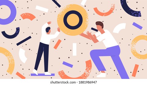 Teamwork of two men. Two people in space arrange abstract geometric shapes. Teamwork concept flat illustration