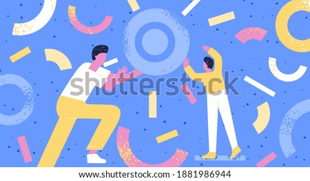 Teamwork of two men. Two people in space arrange abstract geometric shapes. Teamwork concept flat illustration