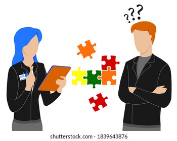 Teamwork. Two people solve puzzle, put jigsaw pieces together. Solving common problem by joint efforts. Work of people in team for common result. Vector