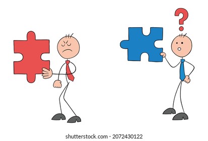 Teamwork, two stickmen businessmen have matching puzzle pieces, but one of them does not want teamwork. Hand drawn outline cartoon vector illustration.