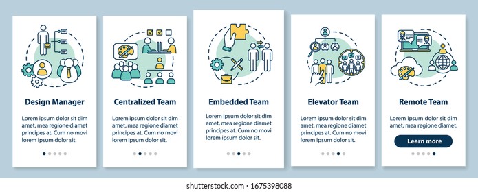 Teamwork types onboarding mobile app page screen with concepts. Collaborative work on project walkthrough 5 steps graphic instructions. UI vector template with RGB color illustrations