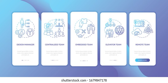 Teamwork types onboarding mobile app page screen with concepts set. Specialized group. Collaborate work walkthrough 5 steps graphic instructions. UI vector template with RGB color illustrations