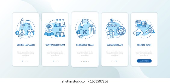 Teamwork types onboarding mobile app page screen with concepts set. Business partner. Assignment delegation walkthrough 5 steps graphic instructions. UI vector template with RGB color illustrations