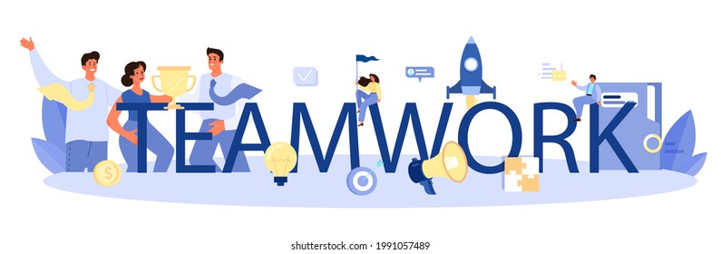 Encabezado tipográfico de trabajo en equipo. Trabajo comunitario, grupo de personas trabajan juntas para el desarrollo empresarial. Comunicación y cooperación. Ilustración plana del vector