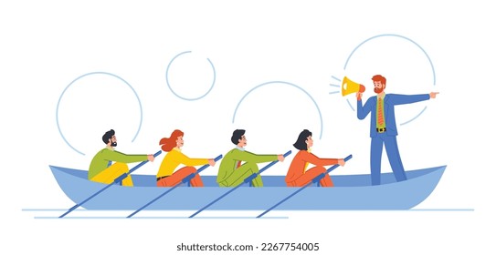 Teamwork, Unity, Collaboration Of People In Boat Rowing In Unison With Coordinated Efforts Towards A Common Goal. Business Characters Working Together To Achieve Success. Cartoon Vector Illustration