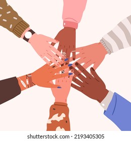 Teamwork, unity and support in community concept. Hands of diverse people group stacking together, top view. Partnership, friendship, togetherness in international team. Flat vector illustration