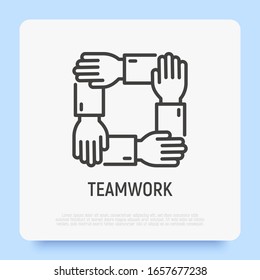 Teamwork, unity, trust and corporate partnership. Thin line icon. Four hands holding each other by wrist. Modern vector illustration.
