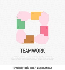 Trabajo en equipo, unidad, confianza y asociación empresarial. Icono plano. Cuatro manos agarrándose la muñeca. Ilustración vectorial moderna.