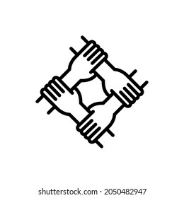 Teamwork, unity, trust and corporate partnership. Thin line icon. Four hands holding each other by wrist. Modern vector illustration.
