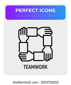 Teamwork, unity, trust and corporate partnership. Thin line icon. Four hands holding each other by wrist. Modern vector illustration.