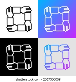 Trabajo en equipo, unidad, confianza y asociación empresarial. Icono de línea delgada. Cuatro manos agarrándose la muñeca. Ilustración vectorial moderna.
