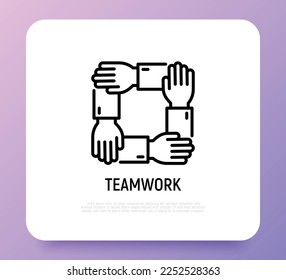 Teamwork, unity, trust and corporate partnership. Thin line icon. Four hands holding each other by wrist. Modern vector illustration.