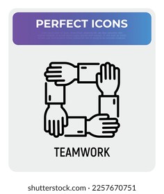 Teamwork, unity, trust and corporate partnership. Thin line icon. Four hands holding each other by wrist. Modern vector illustration.