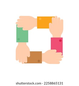 Teamwork, unity, trust and corporate partnership. Flat icon. Four hands holding each other by wrist. Modern vector illustration.
