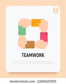 Teamwork, Einheit, Vertrauen und Unternehmenspartnerschaft. Flaches Symbol. Vier Hände, die einander am Handgelenk halten. Moderne Vektorgrafik.