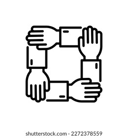 Teamwork, unity, trust and corporate partnership. Thin line icon. Four hands holding each other by wrist. Modern vector illustration.