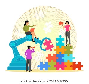 Teamwork using robotics to assemble colorful puzzles. Representing innovation, problem-solving, and collaboration in a technology-driven workspace. Business concept.