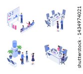 Teamwork vector color isometric illustrations set. Business people, managers, employees at workplace 3d cartoon characters. Management, analytics, business trainings, employment, negotiations