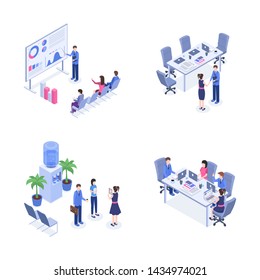 Teamwork vector color isometric illustrations set. Business people, managers, employees at workplace 3d cartoon characters. Management, analytics, business trainings, employment, negotiations