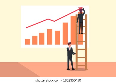 Teamwork-Vektorkonzept: Geschäftsmann, der die Leiter hält, um seinem Partner beim Zeichnen von Finanzdiagrammen zu helfen