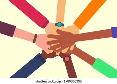 Teamwork vector concept: closeup of diverse people's hands holding each other