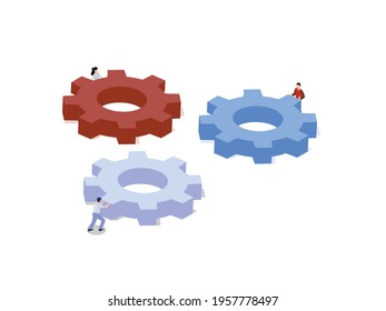 Teamwork vector concept. Group animation of three business people pushing cogwheels to arrange it while working together
