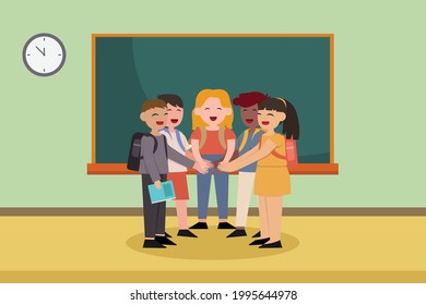Teamwork vector concept: Group of little students join hands in the classroom while laughing together