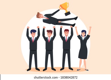 Concepto vectorial de trabajo en equipo: Equipo de negocios exitoso celebrando su victoria levantando a su líder con un trofeo