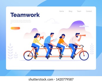 Teamwork vector concept. A team of four business people riding a bike. Partners work together to achieve common goals.