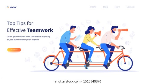 Teamwork vector concept. A team of three business people riding a bike. Partners work together to achieve common goals.