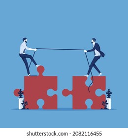 Teamwork vector concept, two business people pull jigsaw puzzle pieces into position demonstrating teamwork