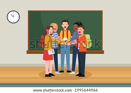 Teamwork vector concept:Group of university students join hands together while standing in the classroom