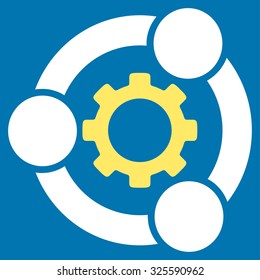 Teamwork vector icon. Style is bicolor flat symbol, yellow and white colors, rounded angles, blue background.